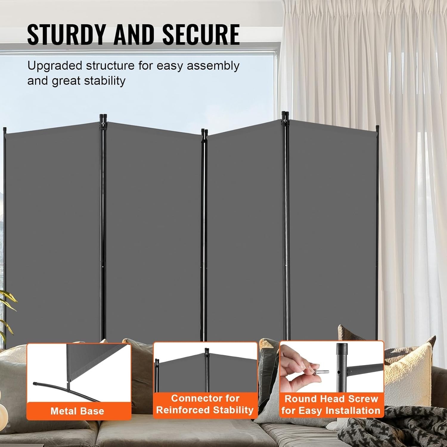 4 Panel Folding Room Divider Grey Fabric Freestanding Privacy Screen 360x184cm