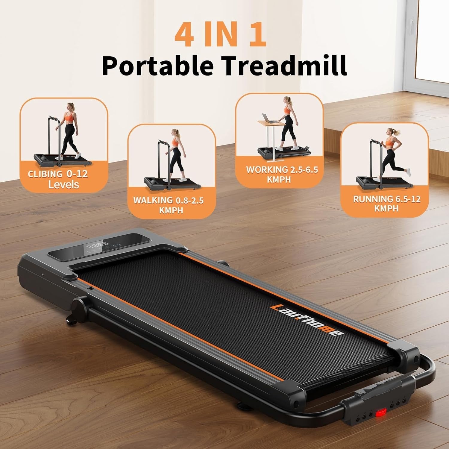 Foldable 12% Incline Treadmill 0.8-12km/h 3HP Quiet Home/Office Gym