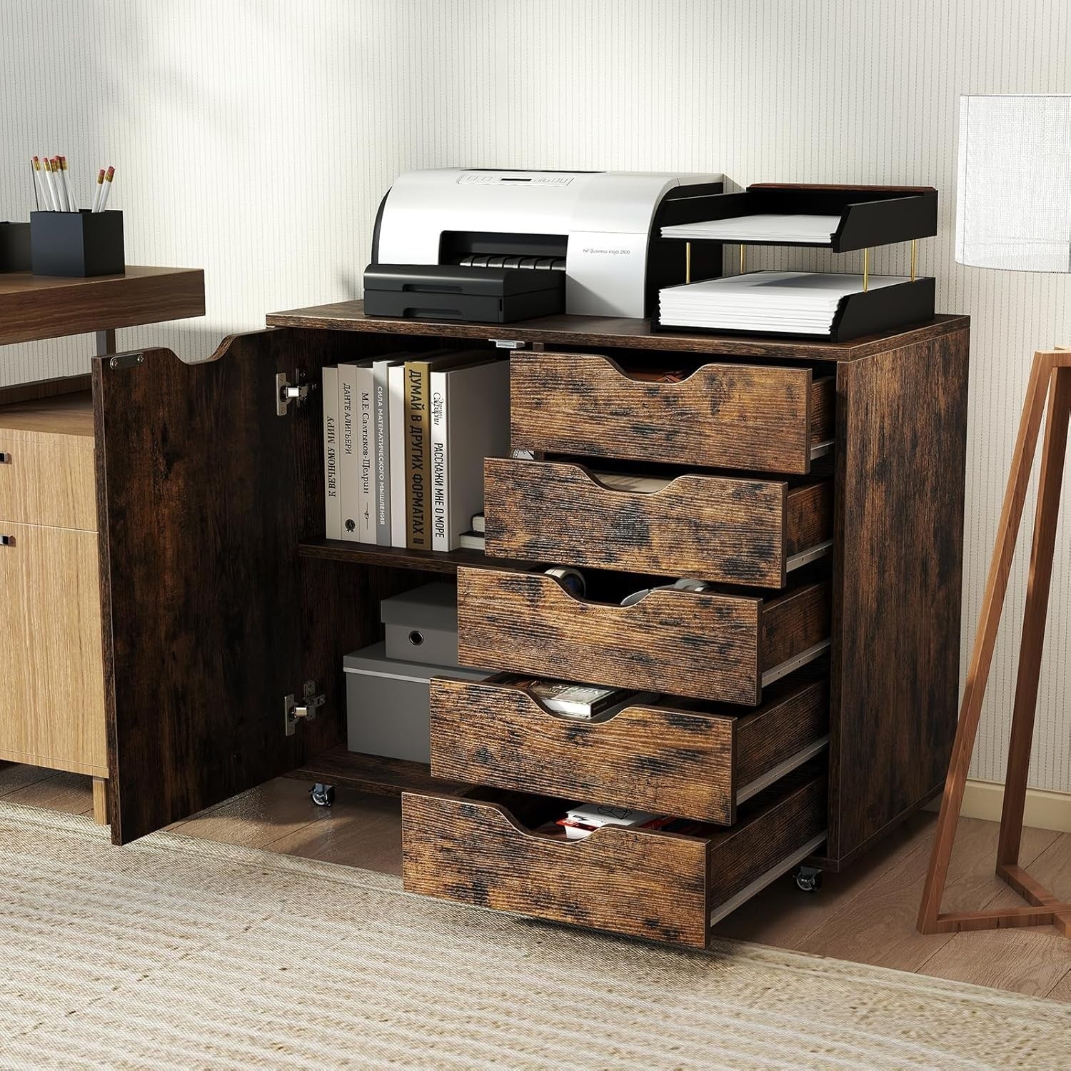 Rustic Brown Mobile File Cabinet 78x40x65cm 5 Drawer Printer Stand