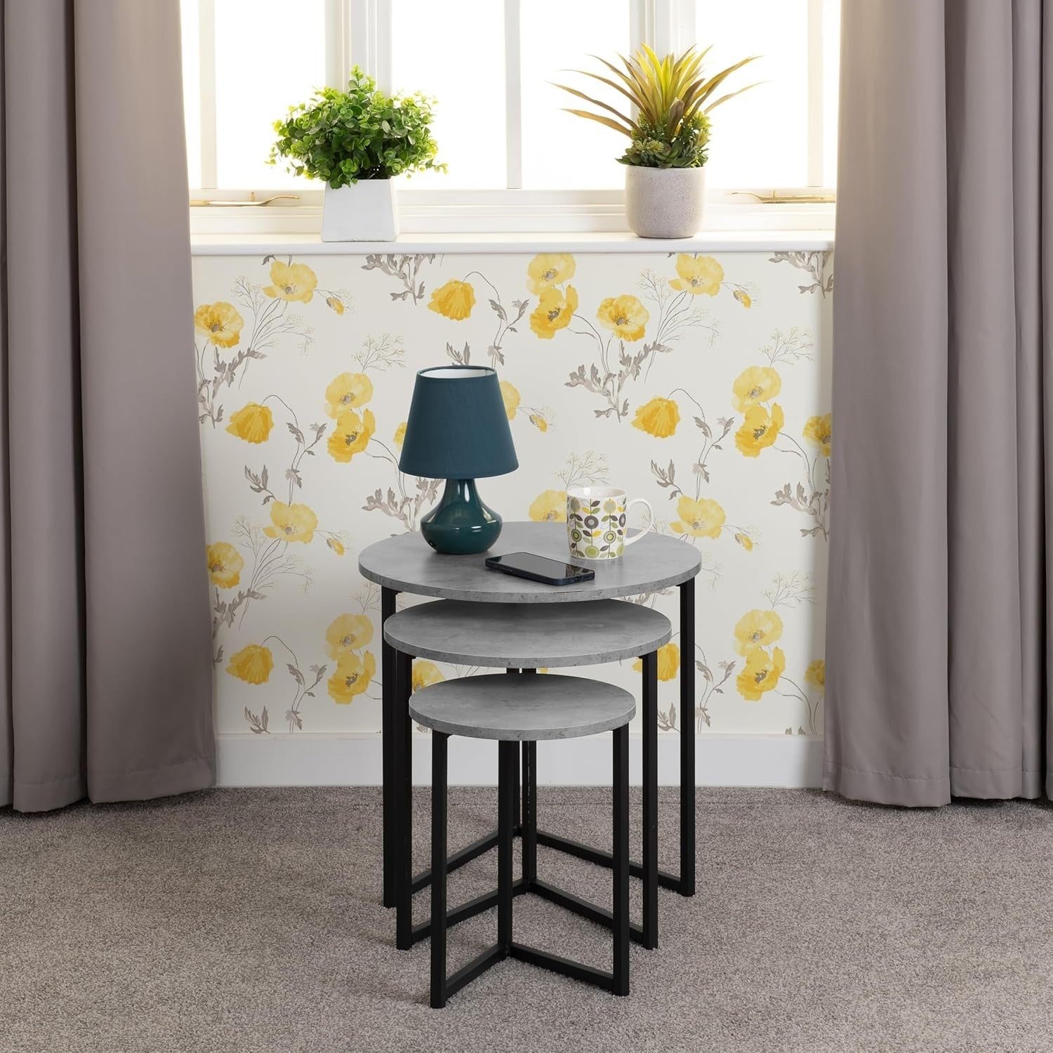 Modern Round Nesting End Tables Set of 3 Black Concrete Effect Side Coffee
