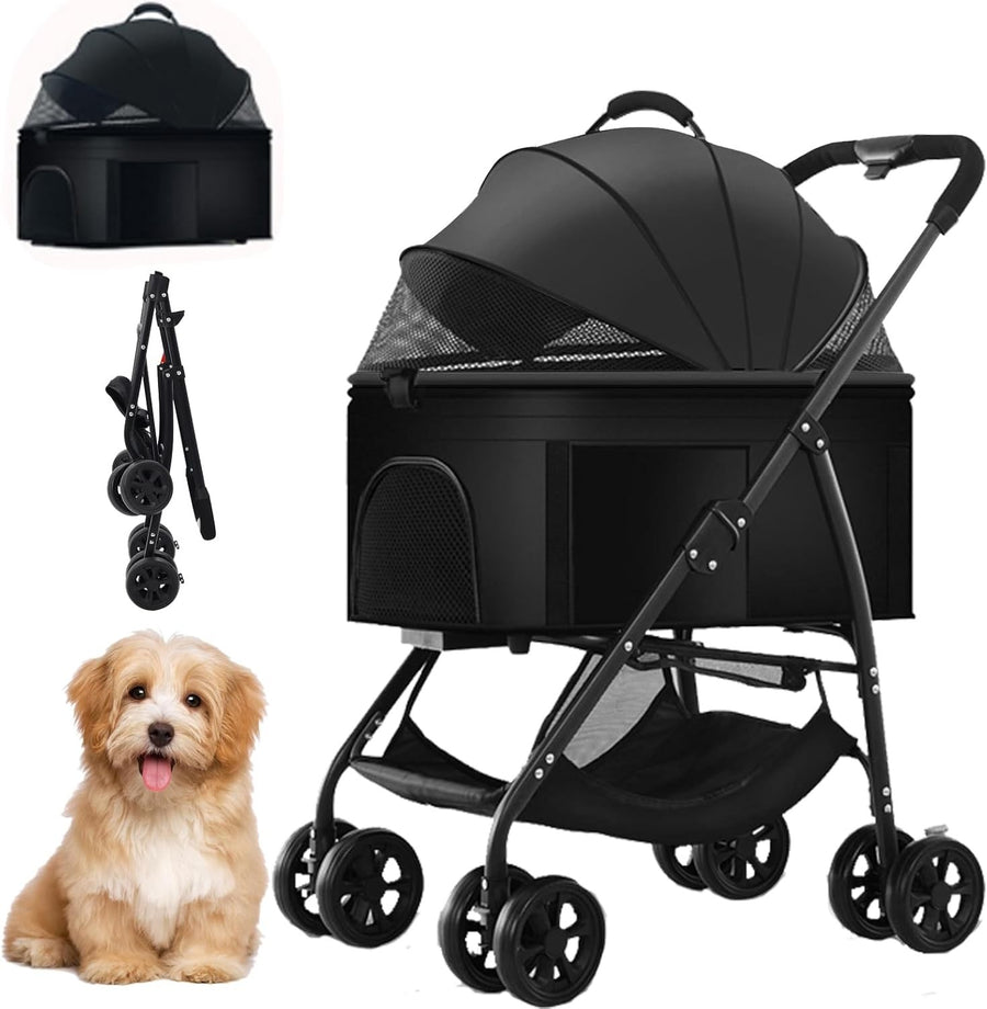 Pet Travel Stroller 3 in 1 Dog Cat Pushchair Folding Carrier Pram Black