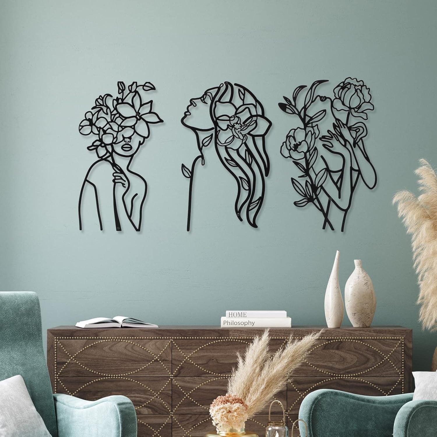 3pc Metal Woman Line Wall Art Minimalist Black Abstract Decor