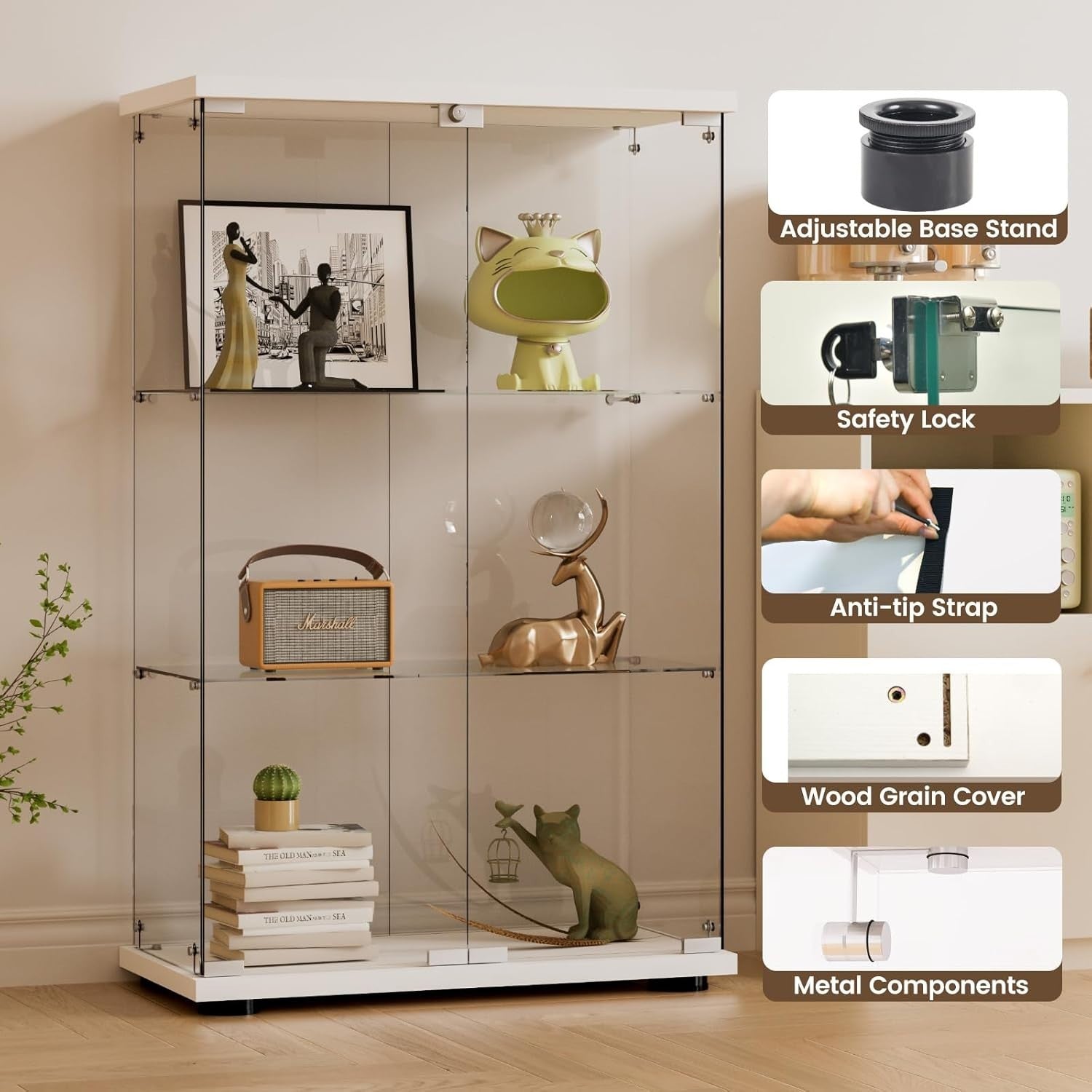 Glass Display Cabinet 49” Double Door Storage with Wood Floor Shelf