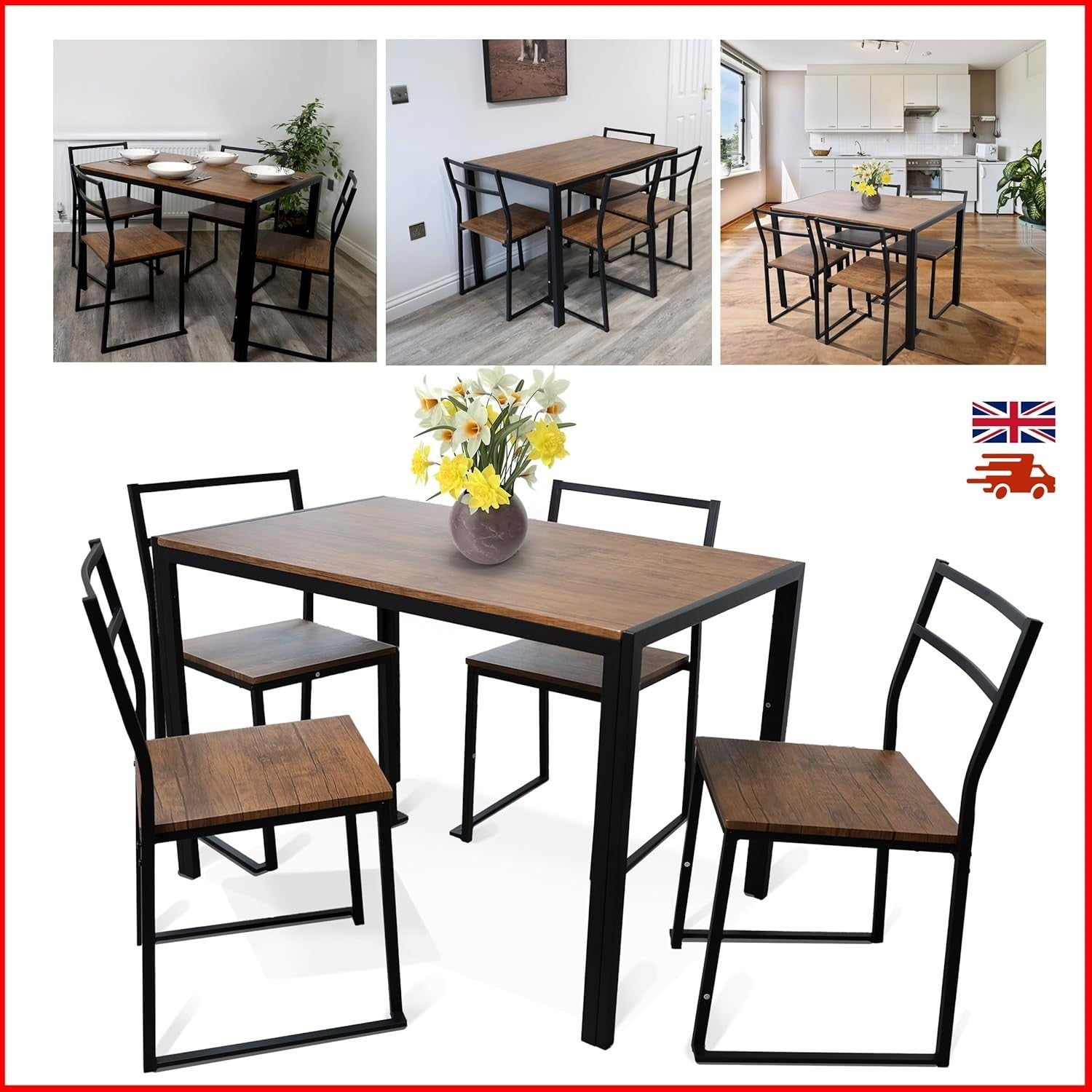 5-Piece Dining Table & Chairs Set with Storage Shelf, Modern Metal Dining Set
