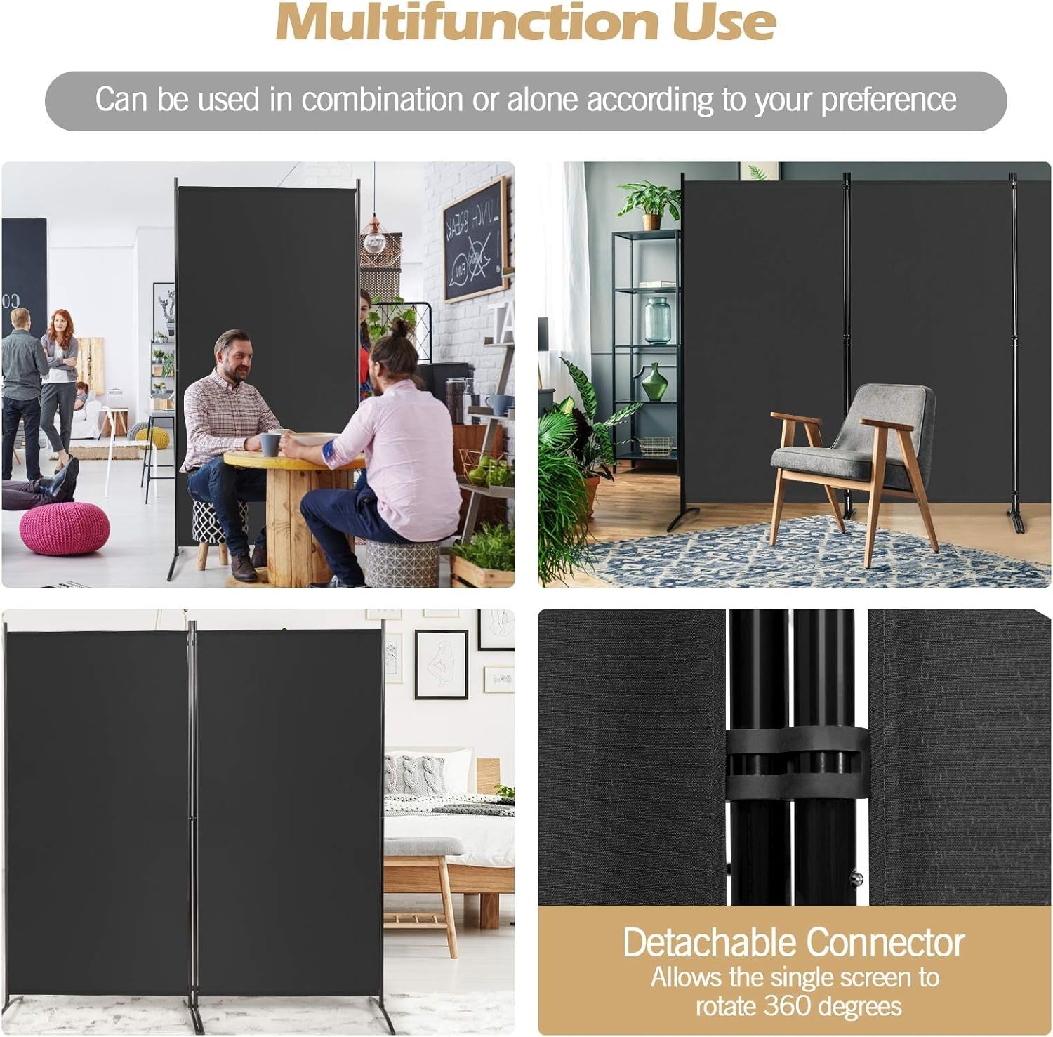 3 Panel Black Folding Room Divider Privacy Screen Partition for Home Office