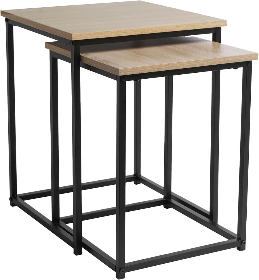 Nesting Side Tables Set 2 Wood/Black Metal Frame Rustic Modern Lamp Coffee