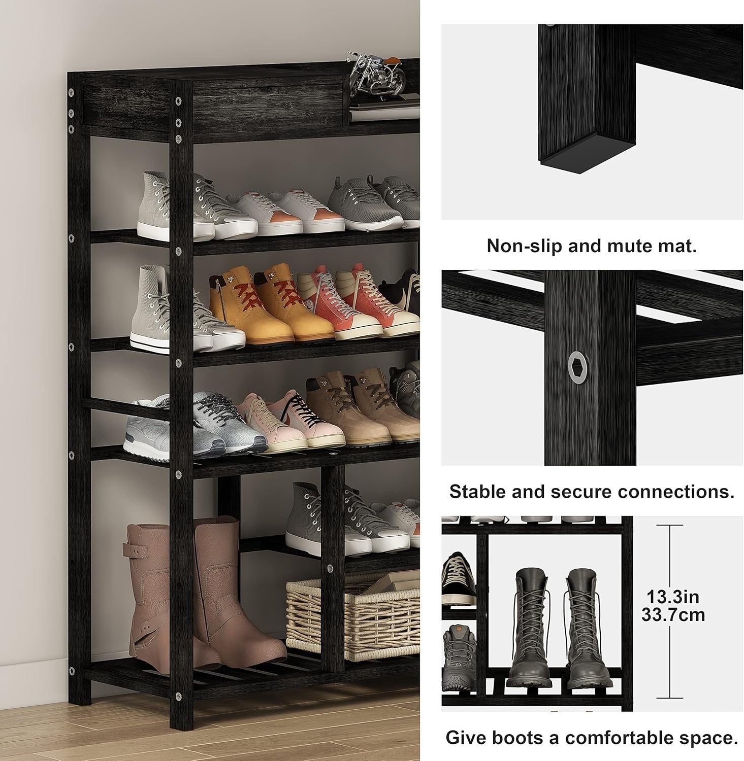6 Tier Bamboo Shoe Rack Storage Shelf – Tall Black Entryway Organizer