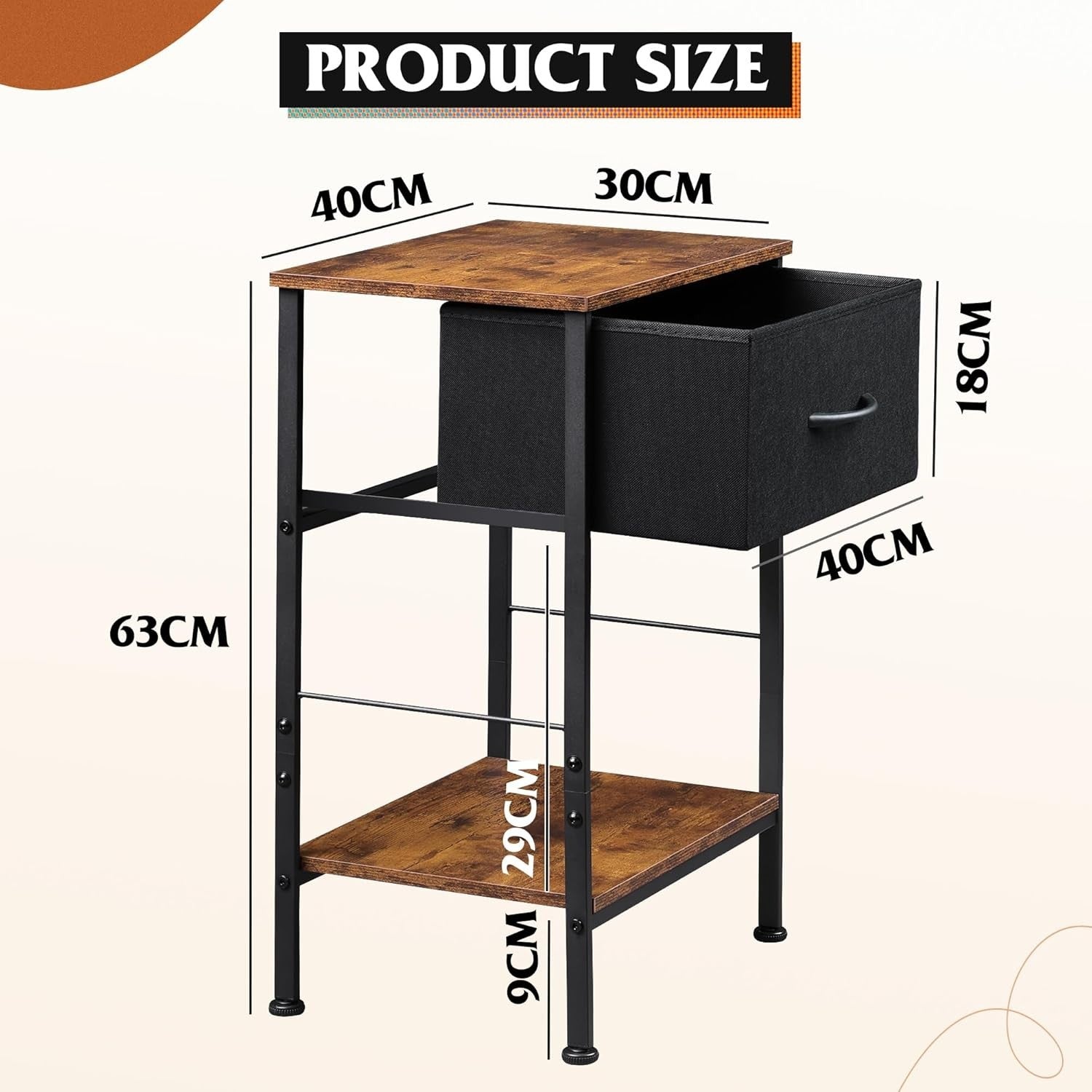 Rustic Brown 2-Tier Bedside Table with Drawer – Slim Nightstand Storage
