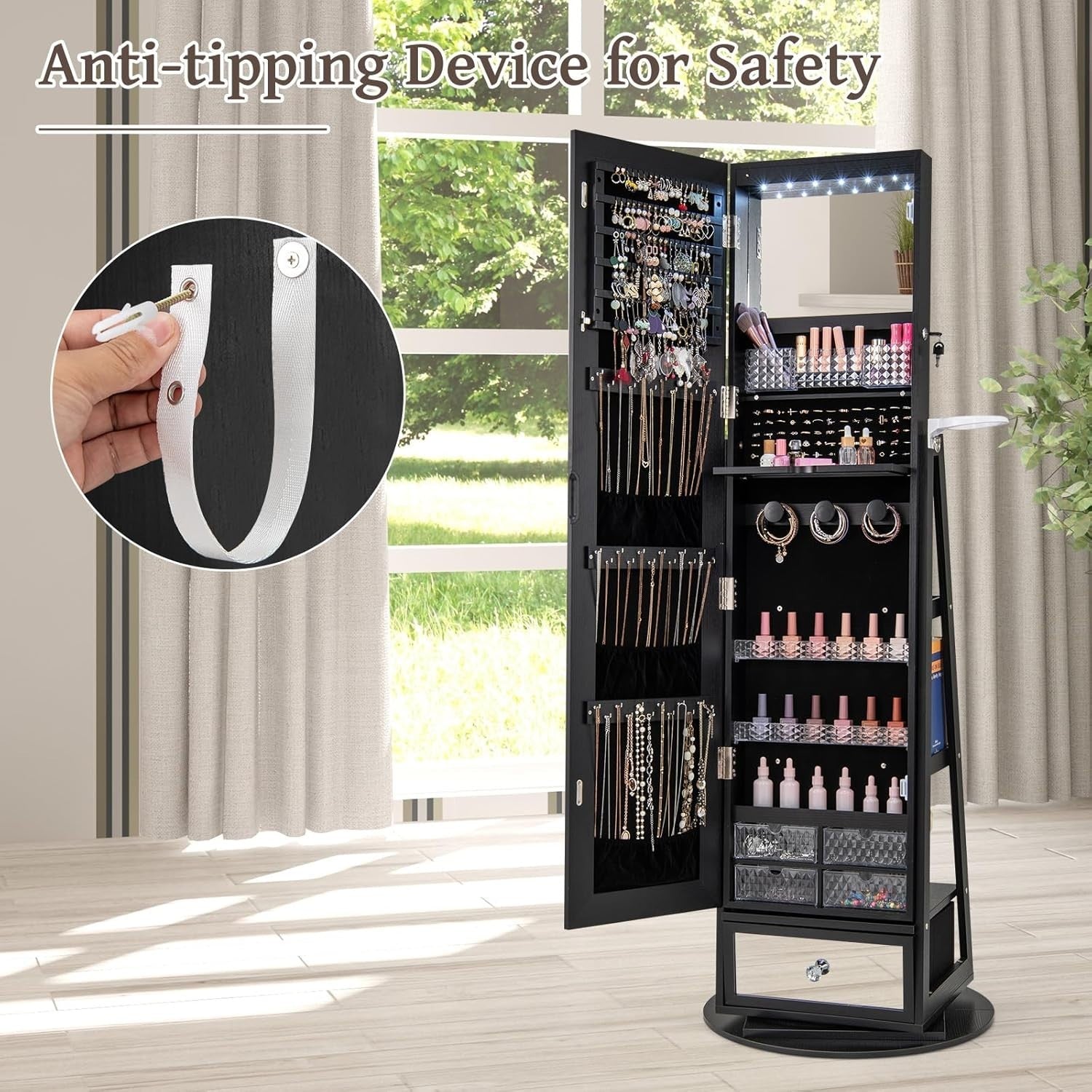 360° Swivel Jewelry Cabinet LED Mirror Lockable Makeup Storage