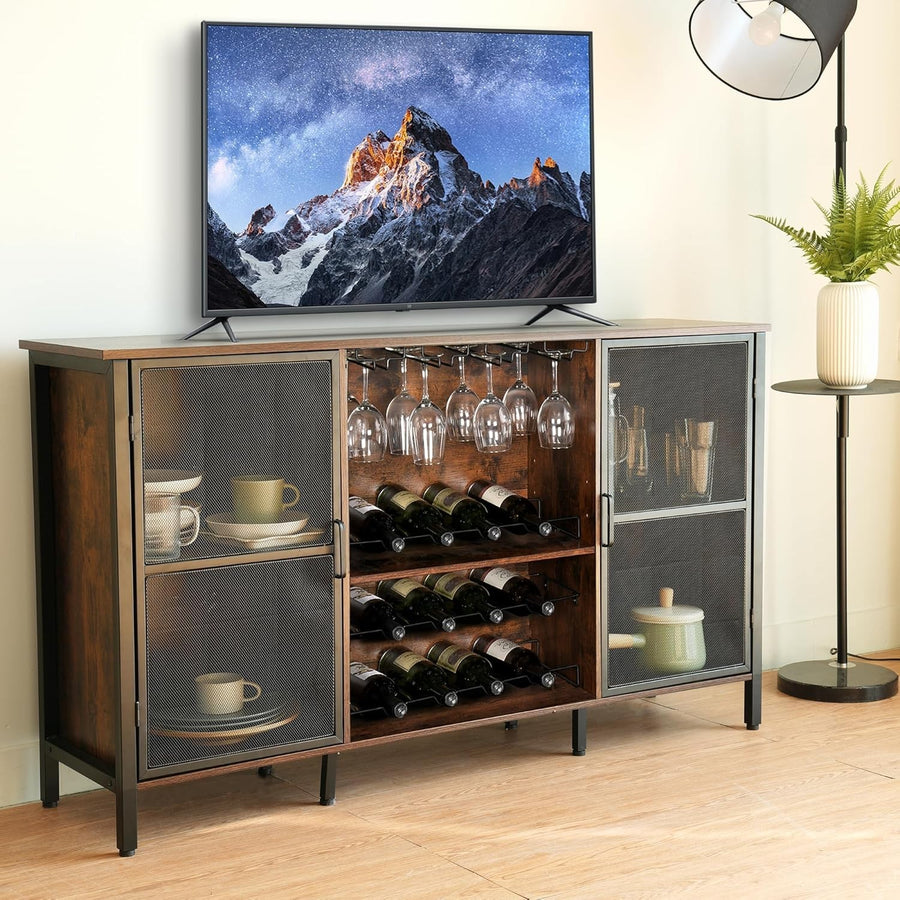 Industrial Wine Bar Cabinet with Glass Holder, Bottle Rack & Storage Sideboard