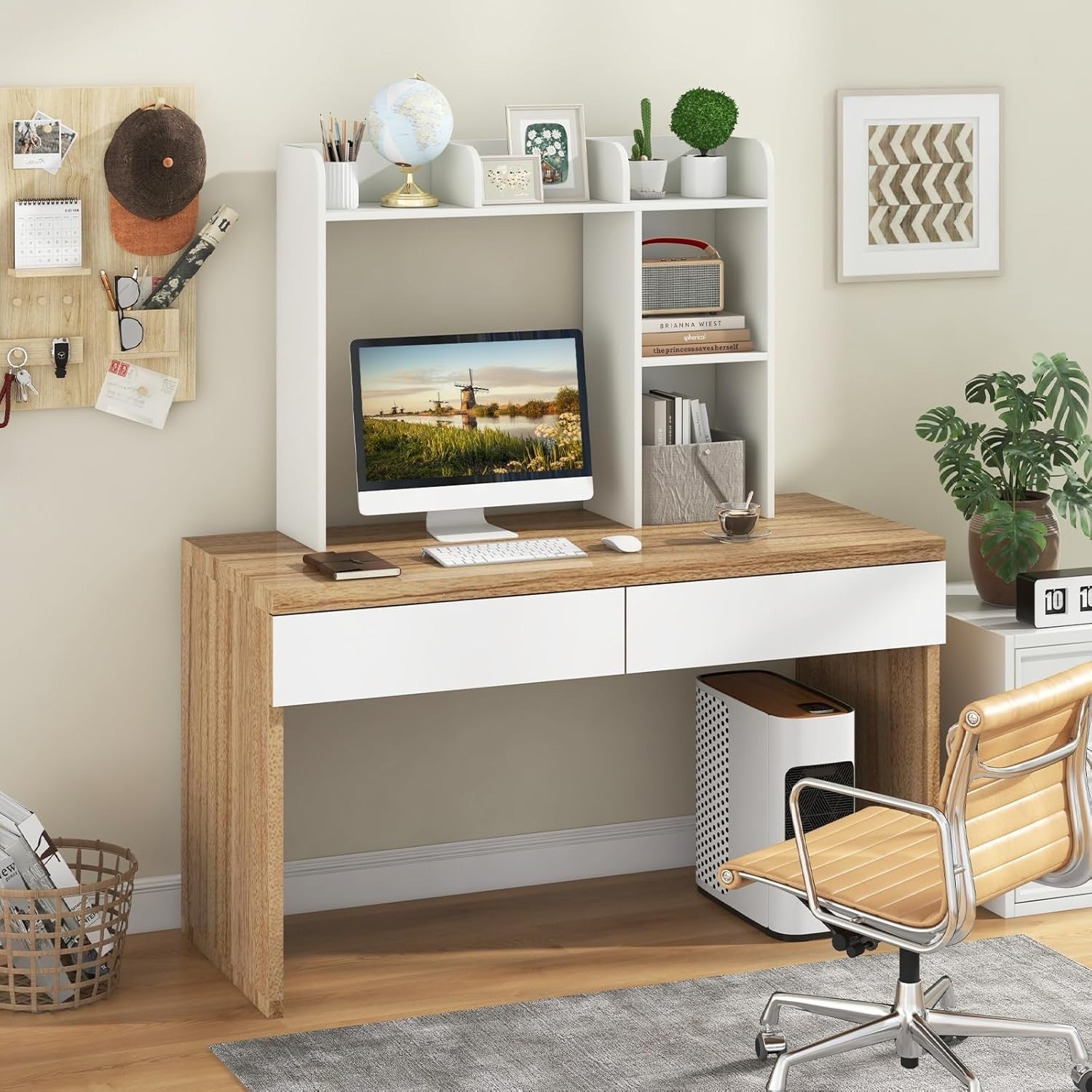 3-Tier Desktop Hutch Bookshelf Space-Saving Desk Organizer Shelf White