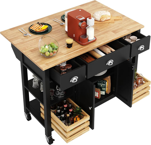Kitchen Island Trolley on Wheels Expandable Top 3 Drawers Storage Black
