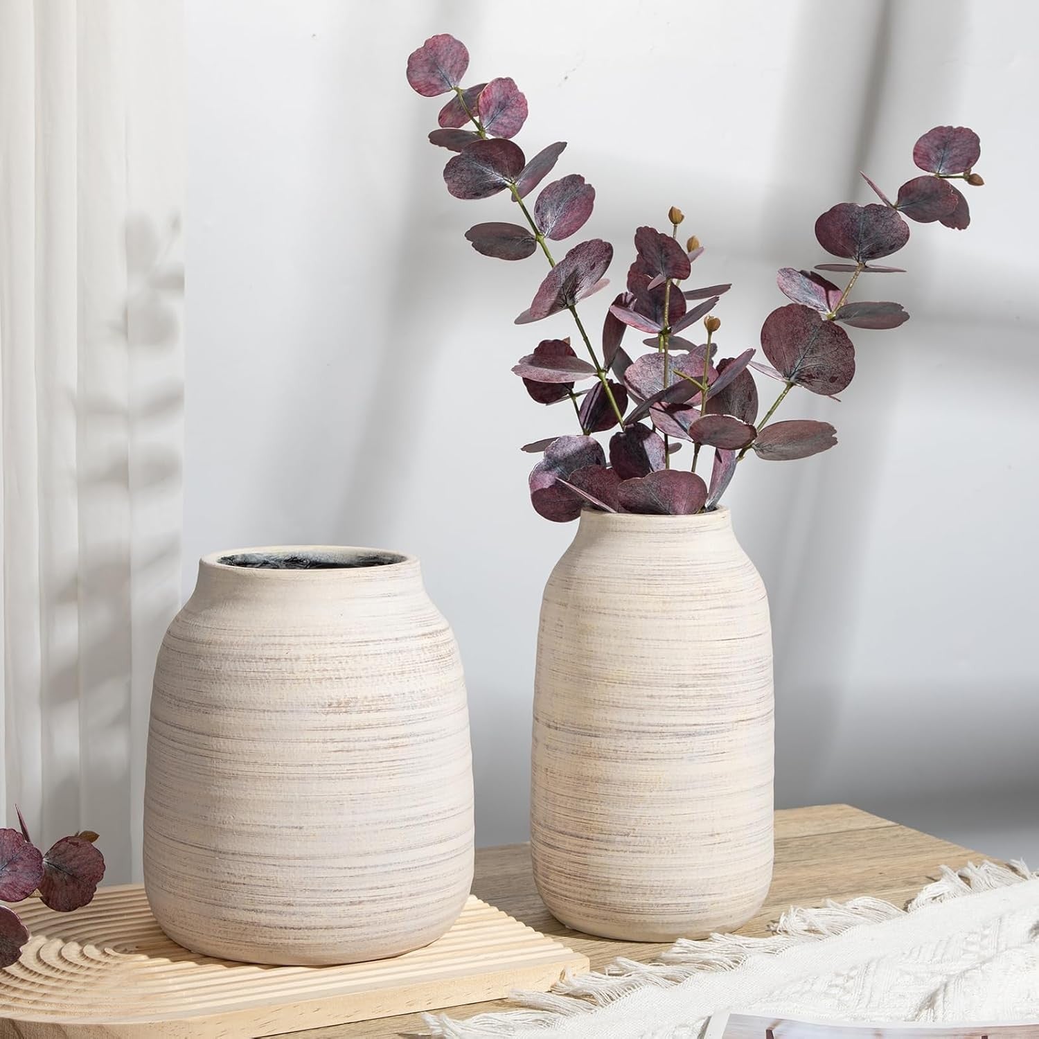 Beige Ceramic Vase 24.5cm Rustic Flower Holder Pampas Modern Home Decor
