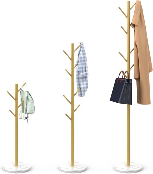 Gold Metal Coat Rack with Marble Base | 8 Hooks Freestanding Modern Hall Stand