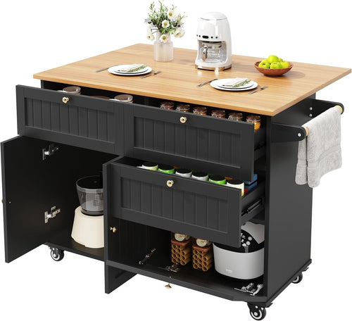 Rolling Kitchen Island Cart with 3 Drawers, Foldable Worktop & Lockable Wheels