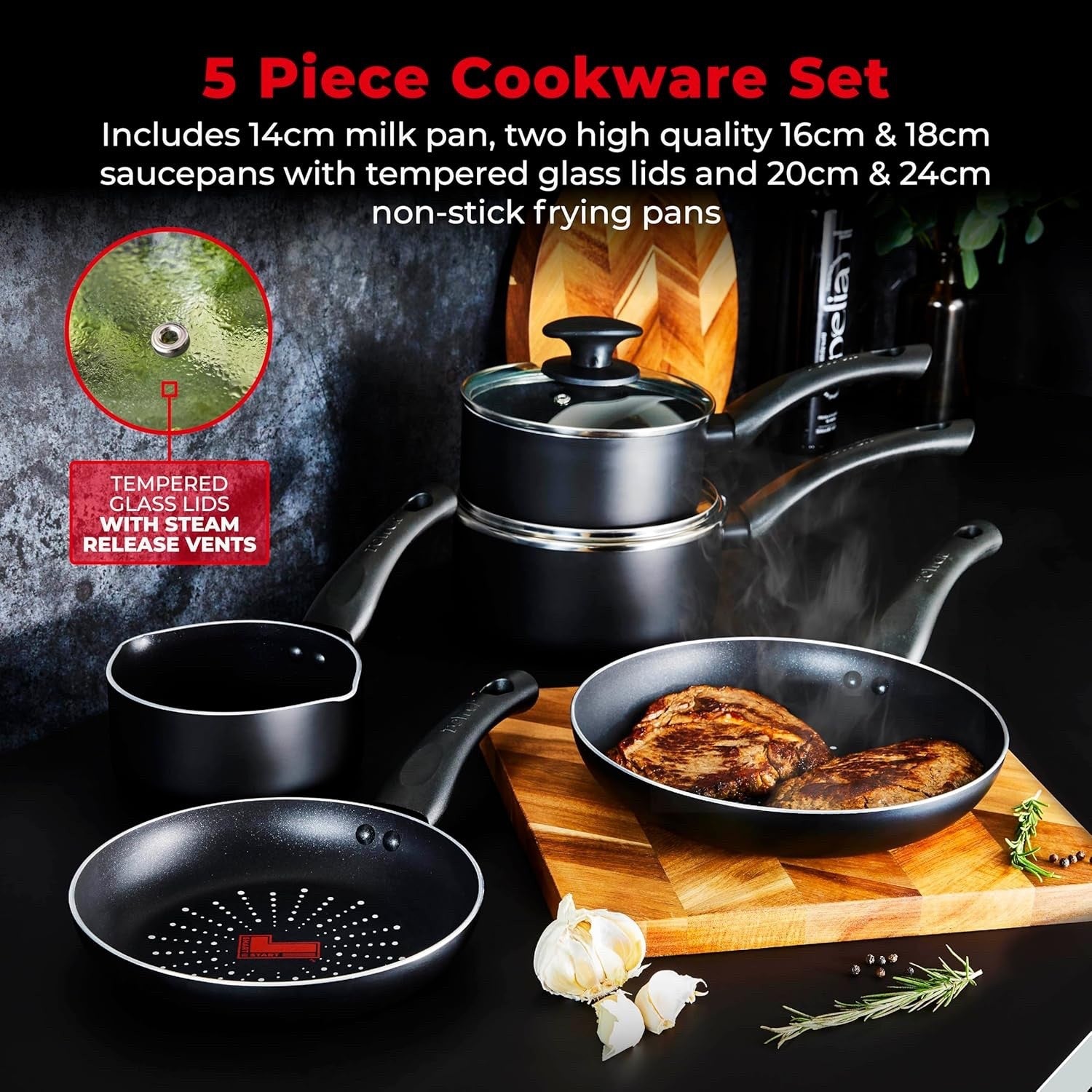 5Pcs Black Smart Start Non Stick Cookware Set, Oven Safe, Easy Clean, PFOA-Free