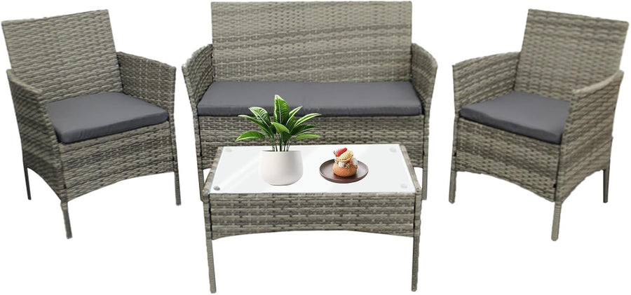 4-Piece Outdoor Patio Rattan Furniture Set with Cushioned Sofa & Table