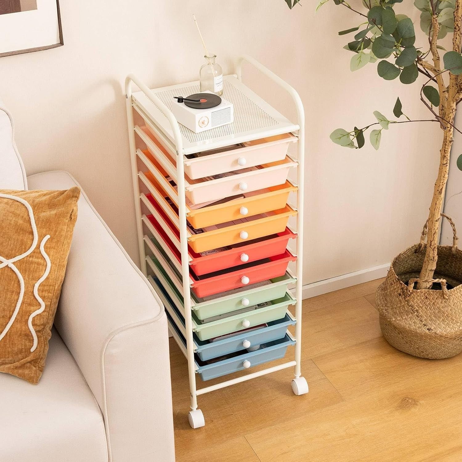 Colorful 10 Drawer Rolling Storage Trolley Utility Organizer Cart Wheels