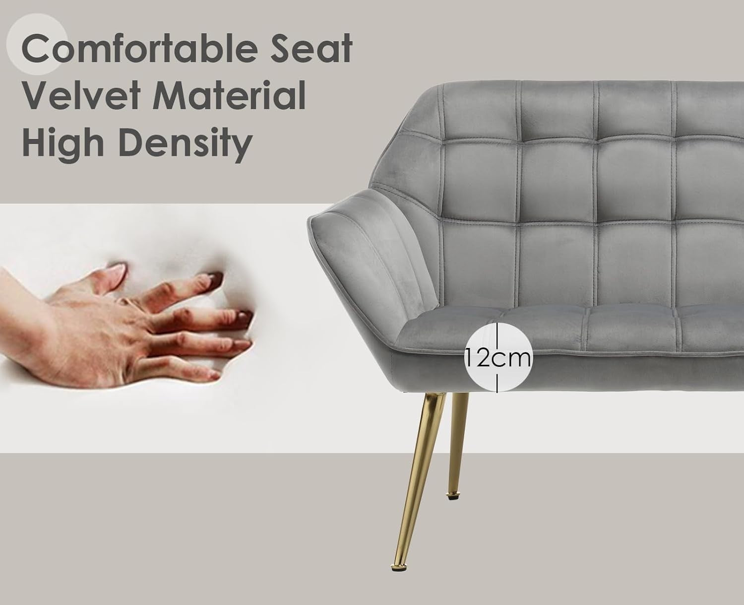 2 Seater Grey Velvet Sofa Loveseat Chair Metal Legs Modern Armchair