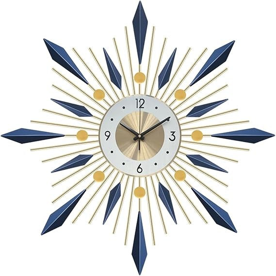 60cm Large Sunburst Wall Clock Modern Silent Metal Blue Gold Home Decor