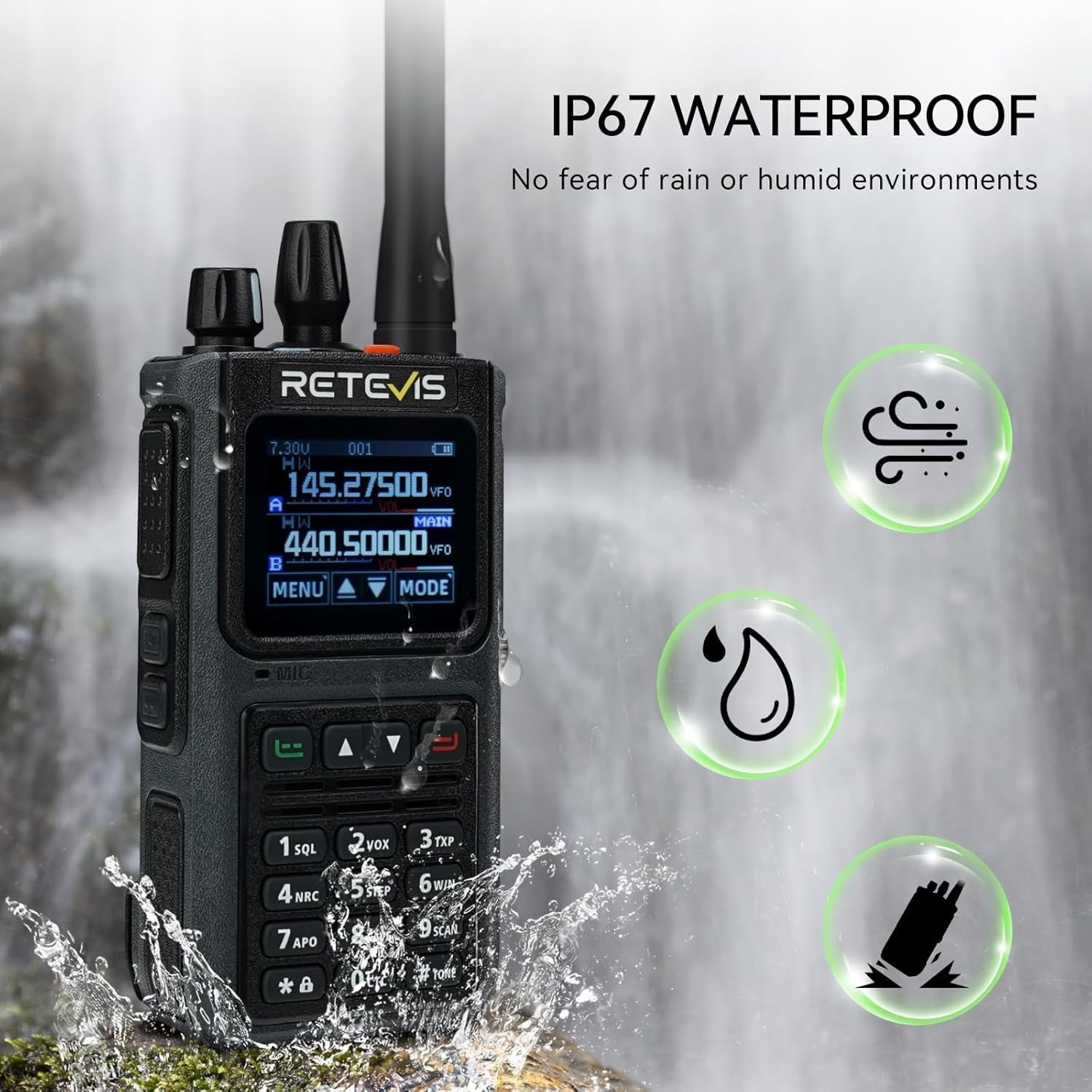 IP67 Waterproof Dual Band Walkie Talkie 5W Long Range Color Screen Radio