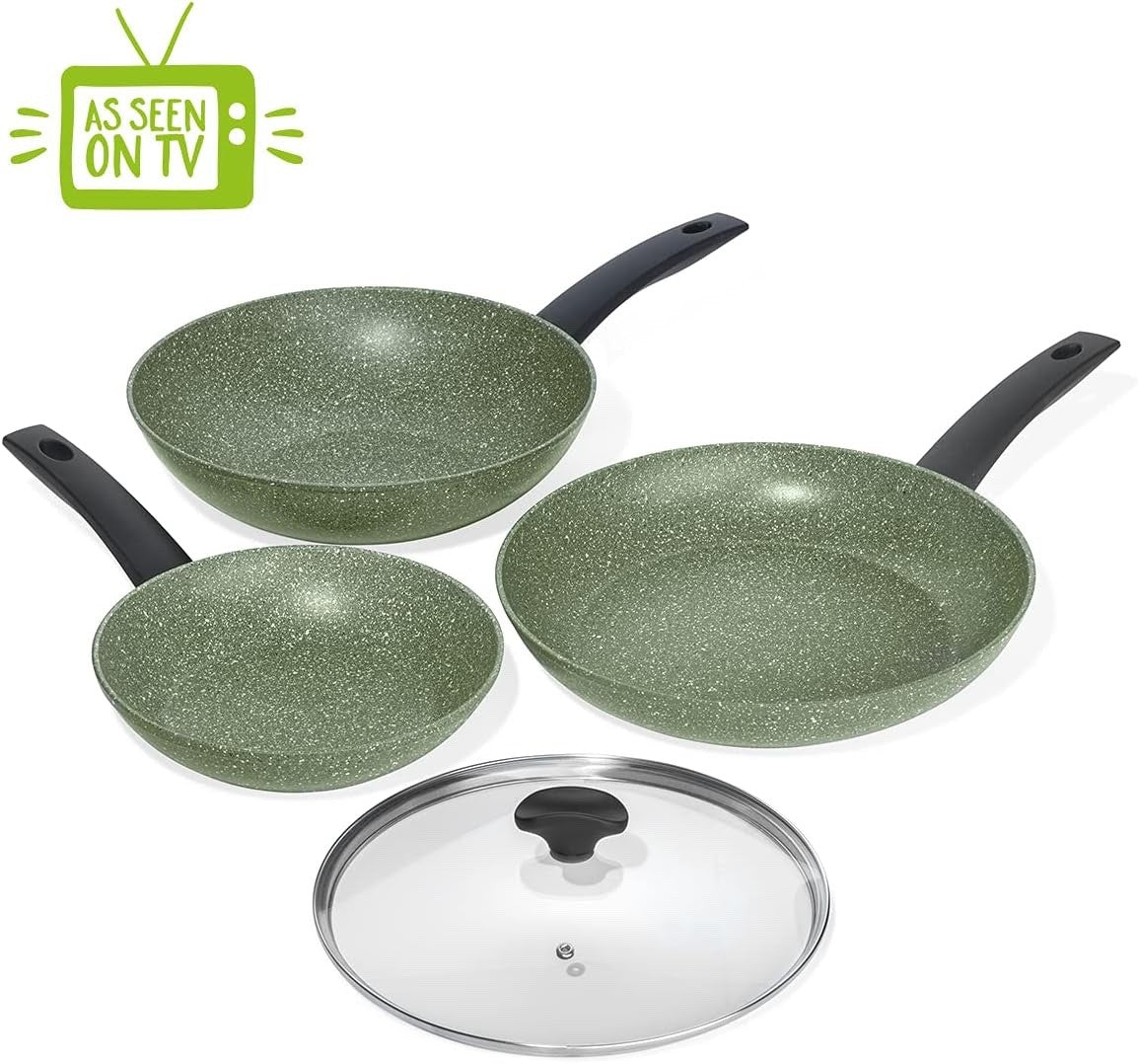 3pcs Green Eco Non Stick Frying Pan Set Induction Compatible Dishwasher Safe