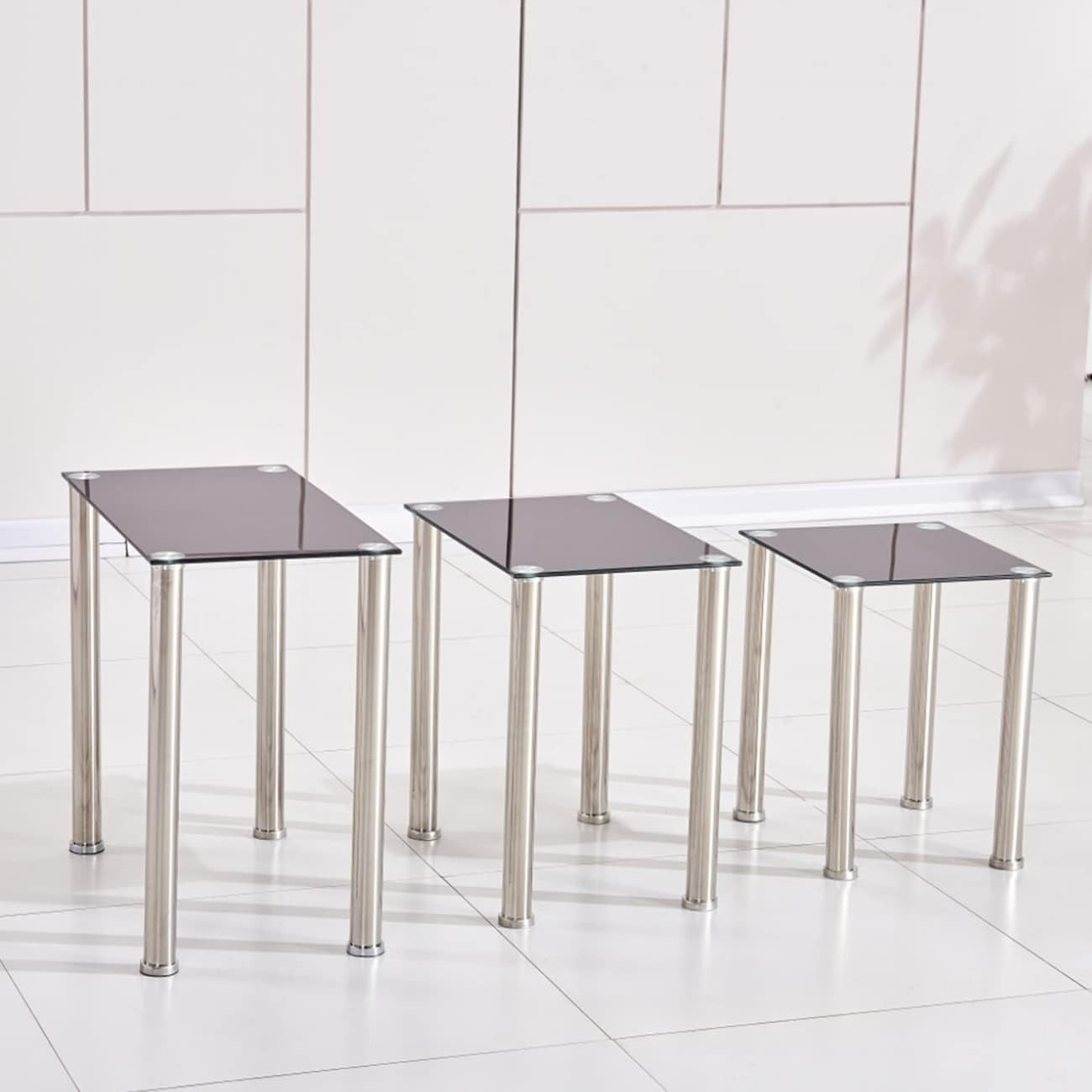 Space Saving Nesting End Side Coffee Tables Black Tempered Glass Metal Frame