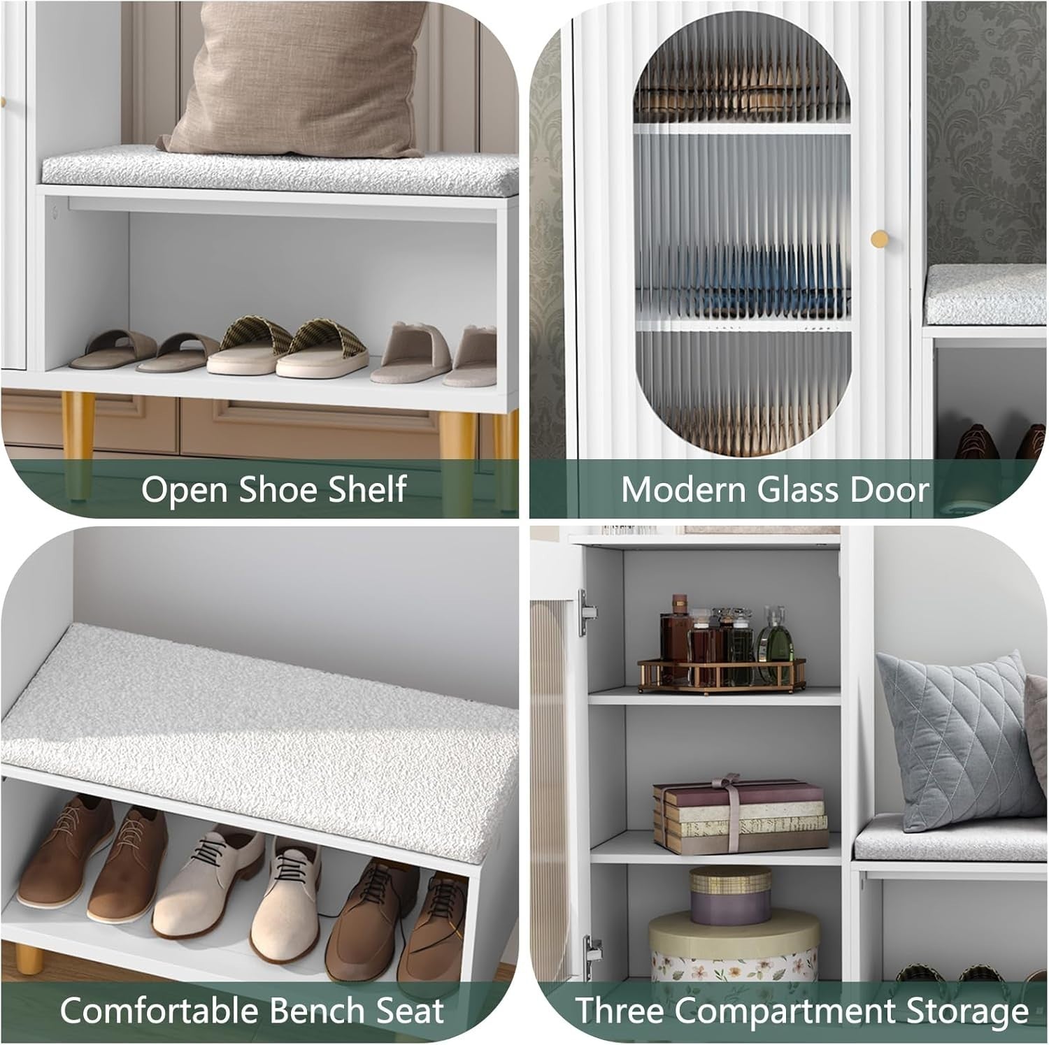 White Shoe Storage Bench with Cushion & Glass Door Cabinet 100x29.5x91.5cm