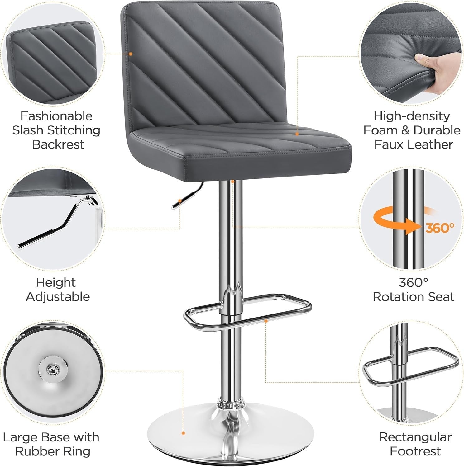 Dark Grey Adjustable Swivel Bar Stools Set of 2 Faux Leather Chairs