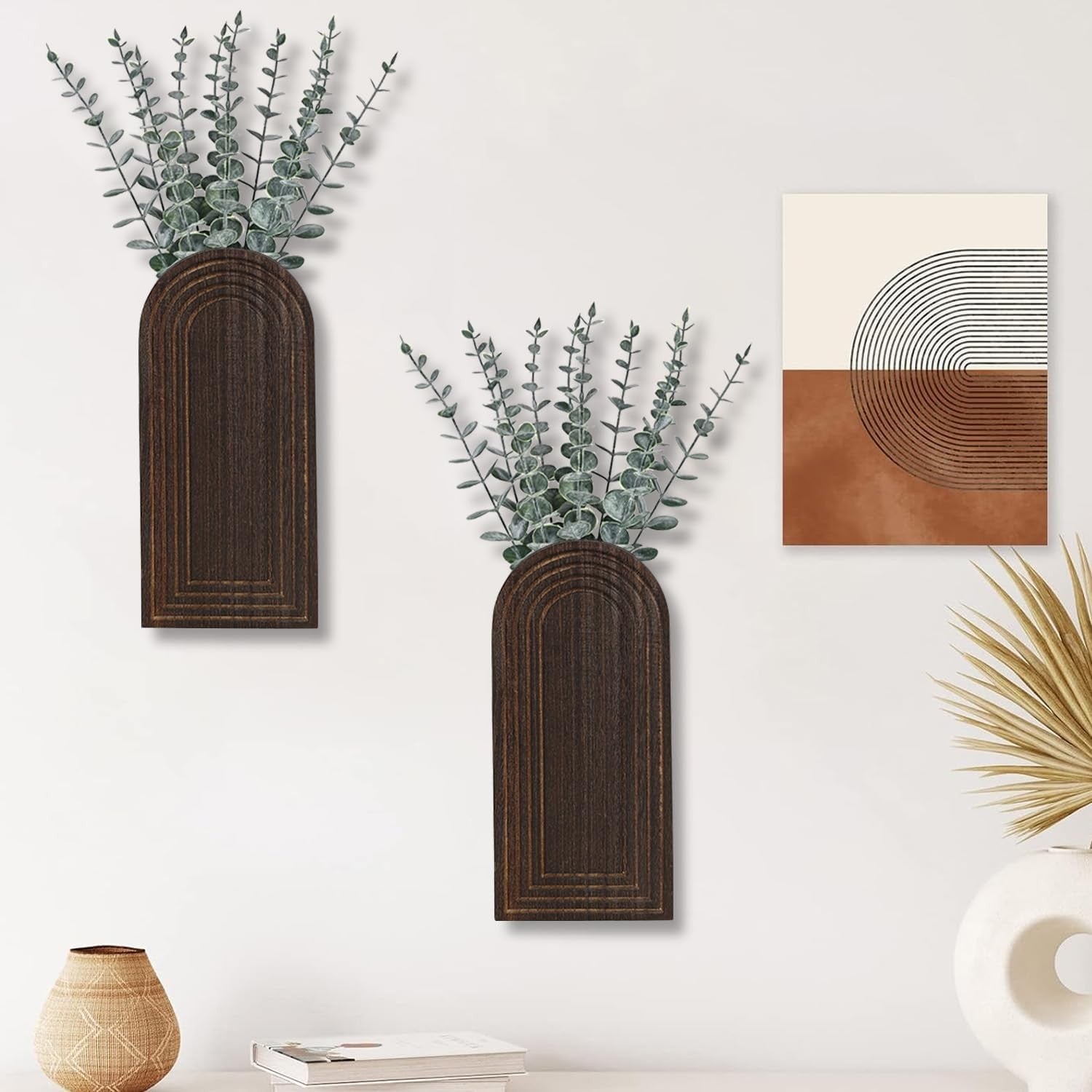 Wooden Wall Vase Set of 2 Dark Brown Farmhouse Entryway Hanging Decor