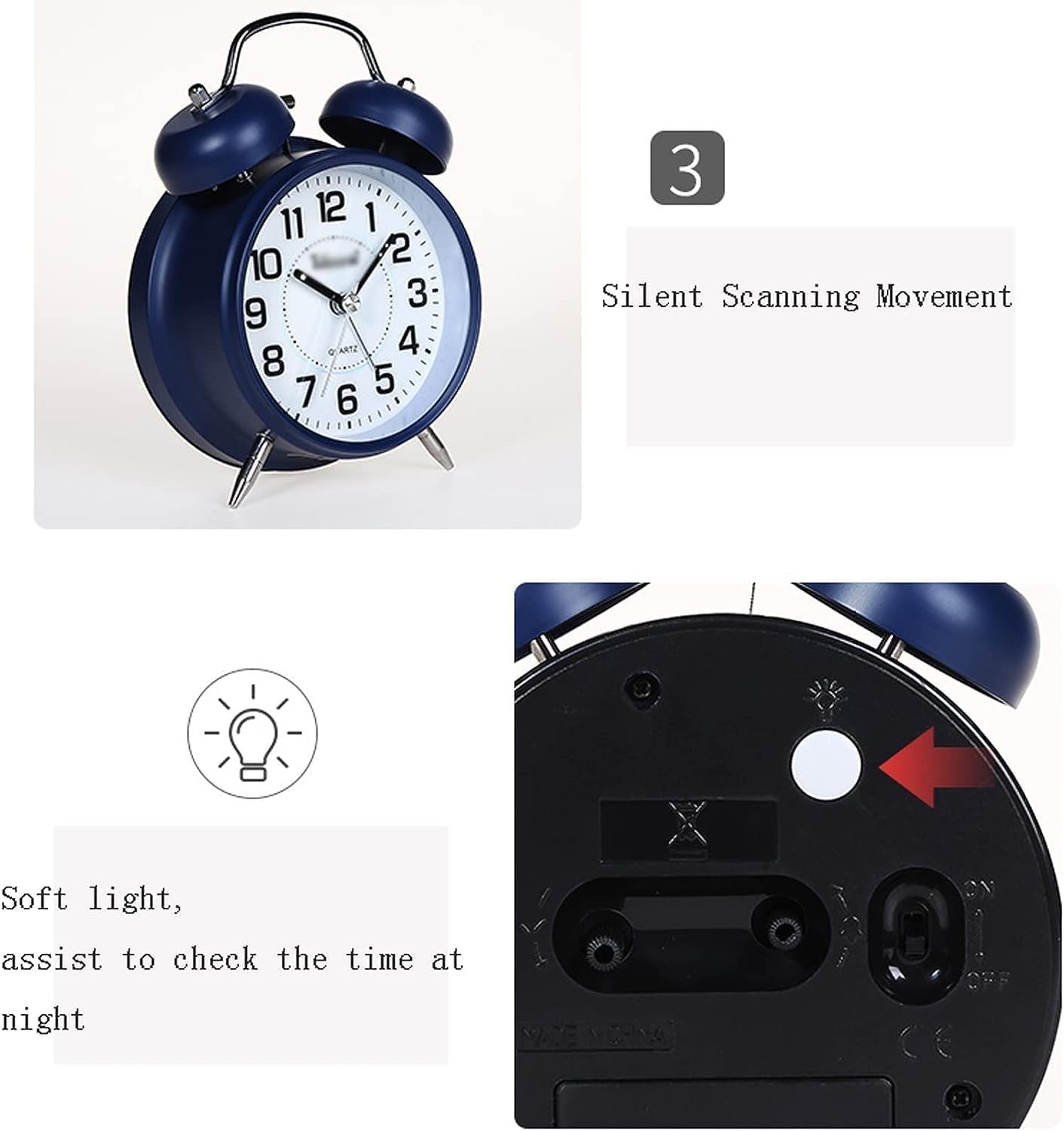 Vintage Twin Bell Alarm Clock Loud Silent Non-Ticking Blue Bedside