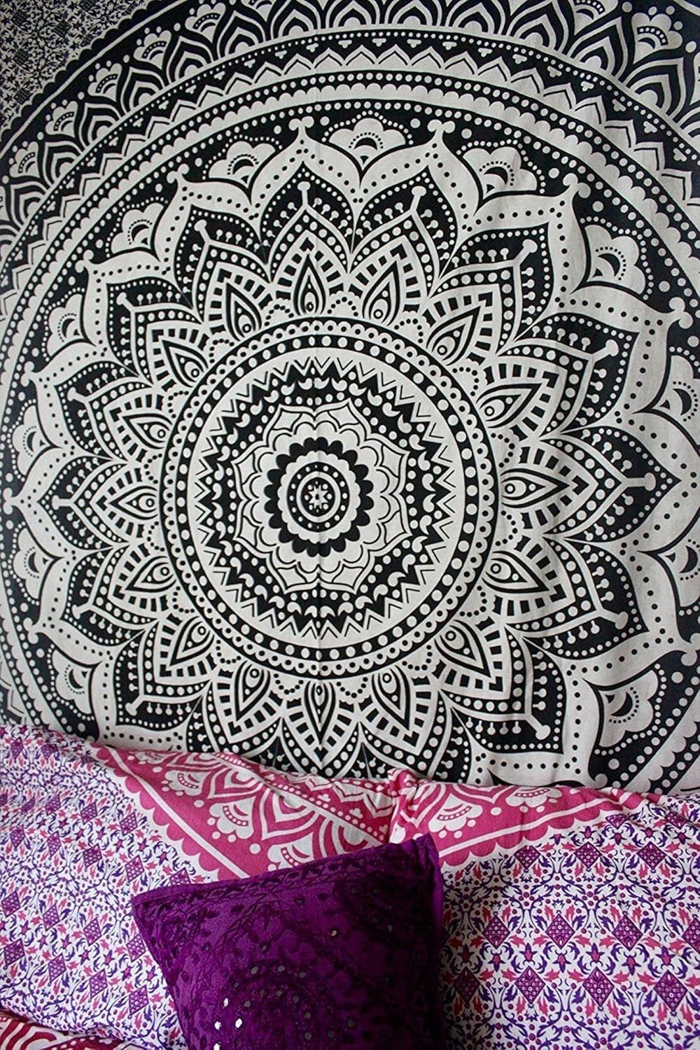 Black White Ombre Mandala Tapestry 82x87" Cotton Wall Hanging