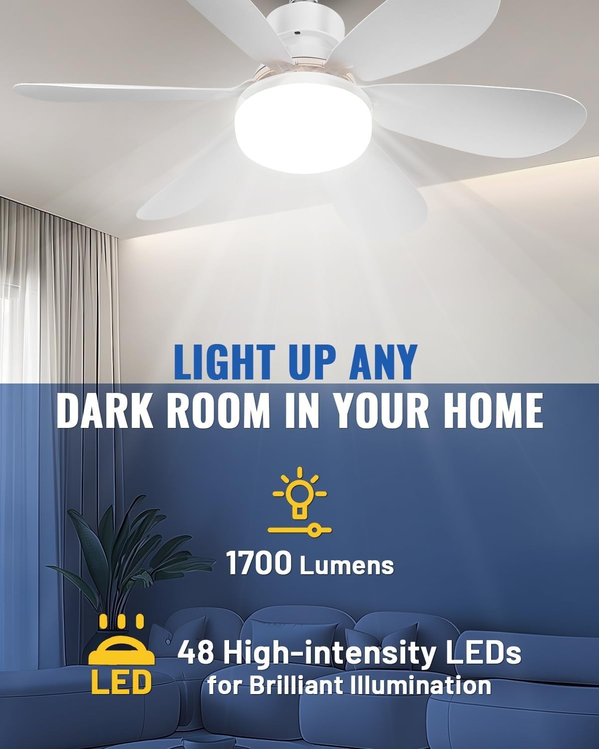 Socket Ceiling Fan Light, Dimmable LED, 3 Colors, 1700LM with Remote Control