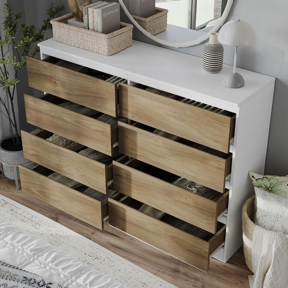 Modern White & Oak 8-Drawer Chest Bedroom Storage Cabinet Office Organizer