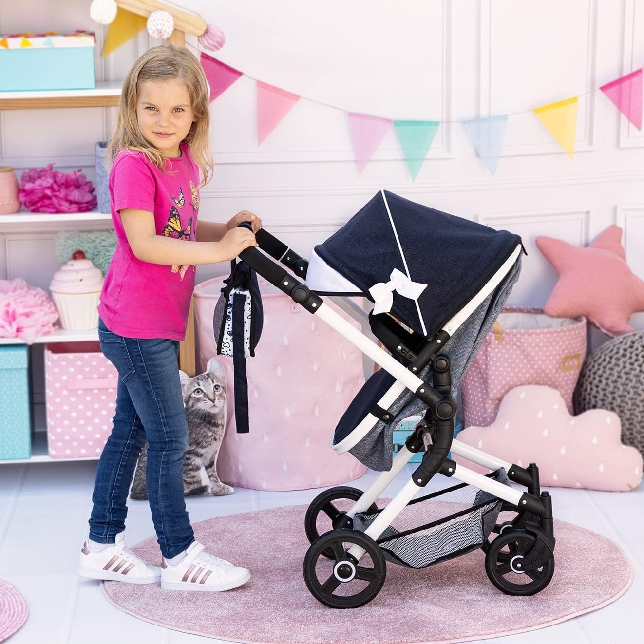 Convertible Doll Pram Stroller Adjustable Handle Foldable Basket Bag
