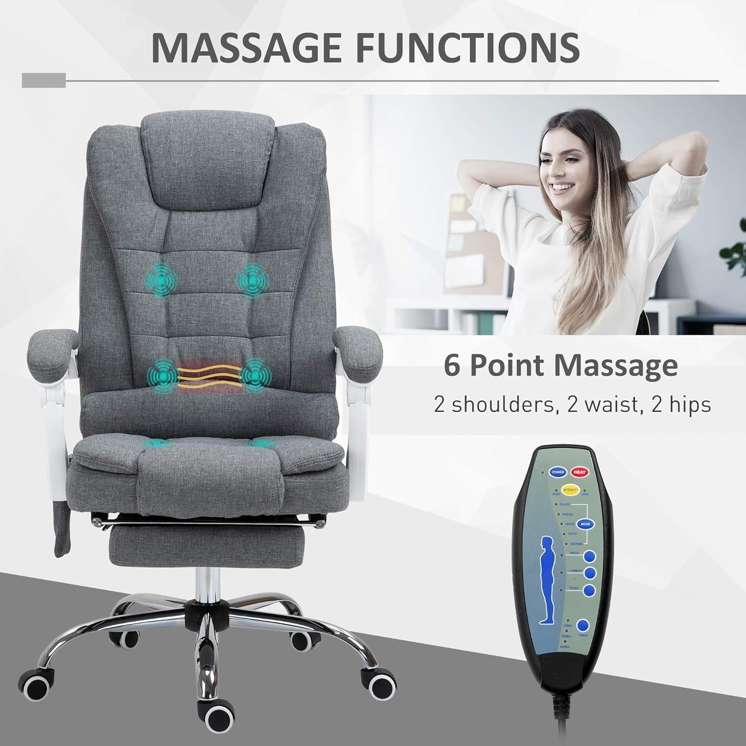 Massage Office Chair Recliner Heated Seat Footrest High Back Home Desk Grey