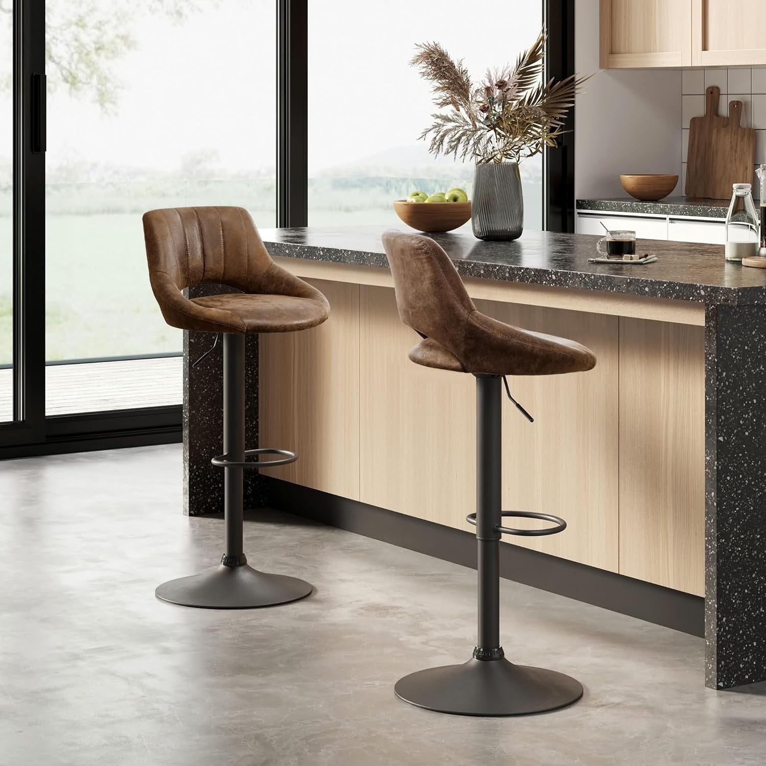 Brown Bar Stools Set of 2 | Faux Leather Seat, Adjustable Swivel, Round