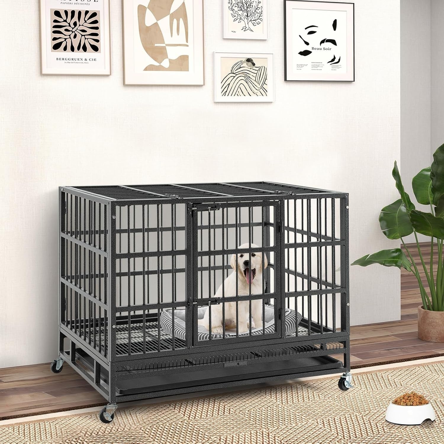 Heavy-Duty Foldable Dog Crate with Lockable Doors & Wheels for Large Dogs