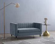 Grey Velvet 2 Seater Sofa Ribbed Back High Arms Wood Legs Modern Couch