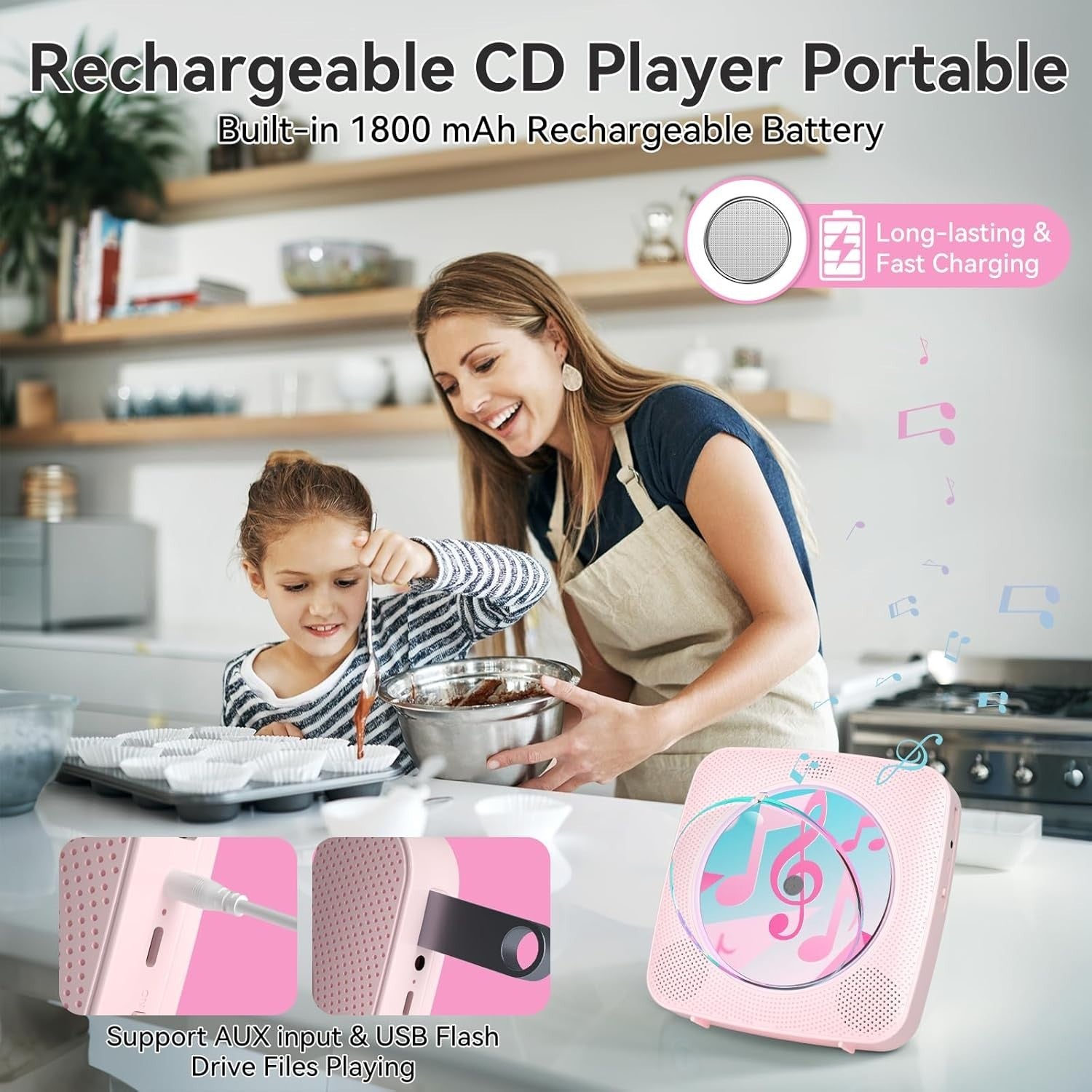 Portable CD Player Bluetooth Speakers FM Radio USB AUX Remote Pink