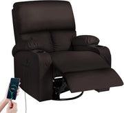 Swivel Rocker Recliner Massage Heat USB Type-C Charging Faux Leather Brown