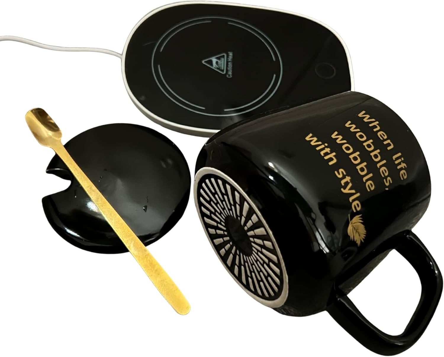 Ceramic Coffee Mug Set with USB Warmer Plate Lid Spoon