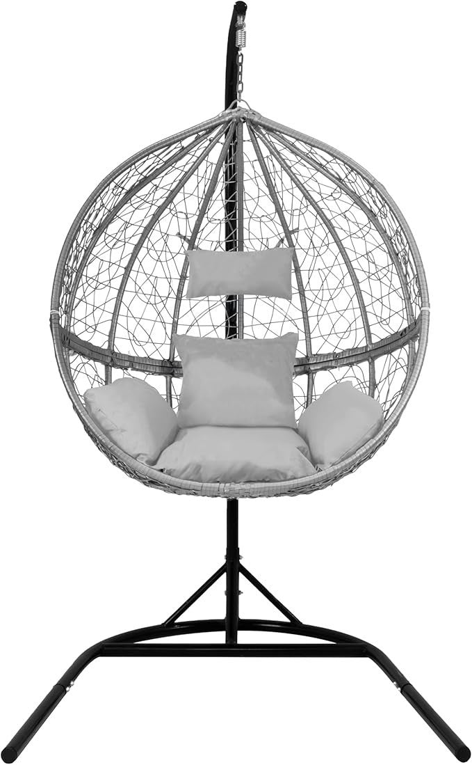 Hanging Egg Chair Grey Rattan Swing Seat w/ Cushions Indoor Outdoor Garden