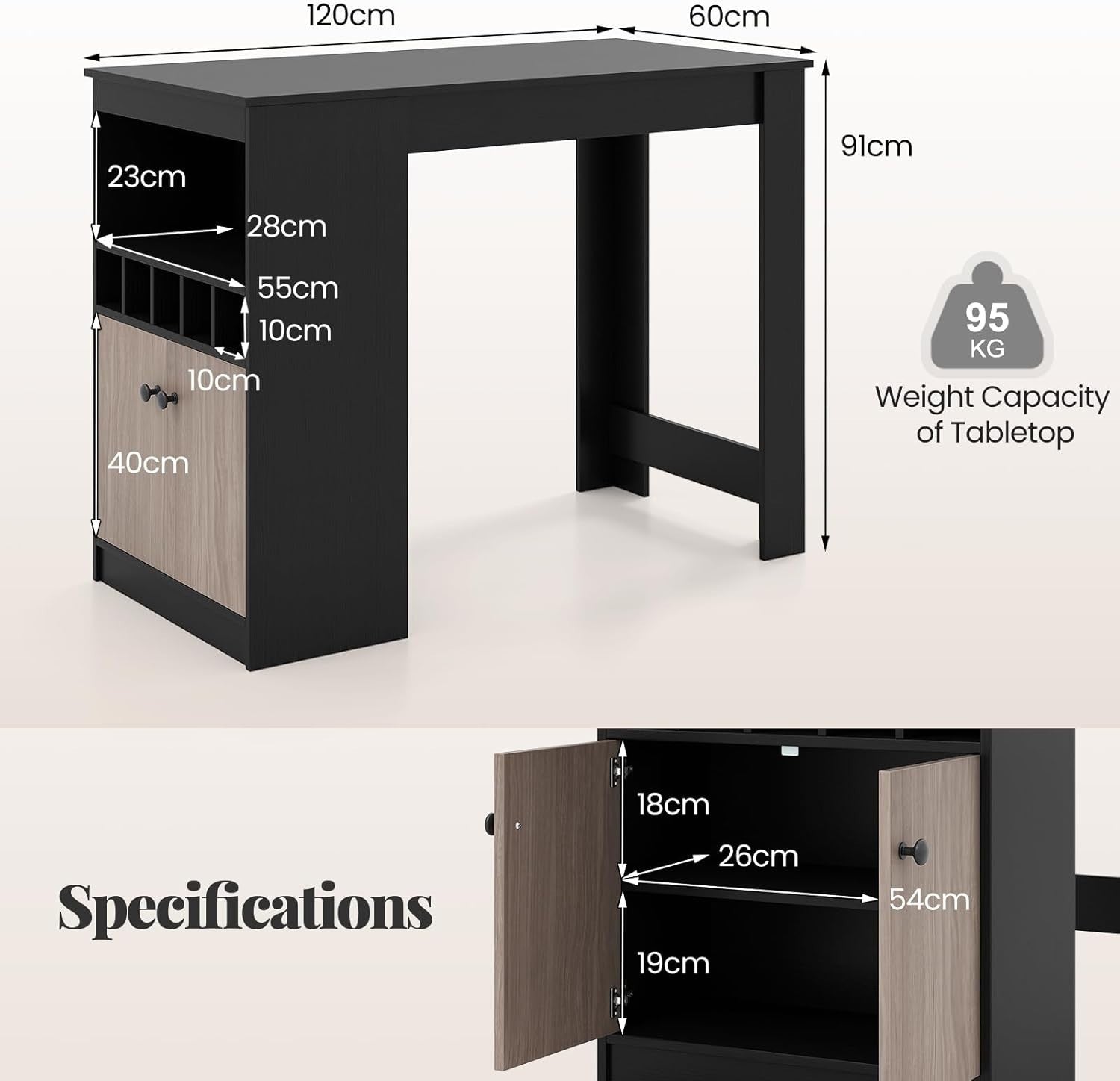 Black Bar Table with Wine Rack & Storage Cabinet, Modern Counter Unit 120CM