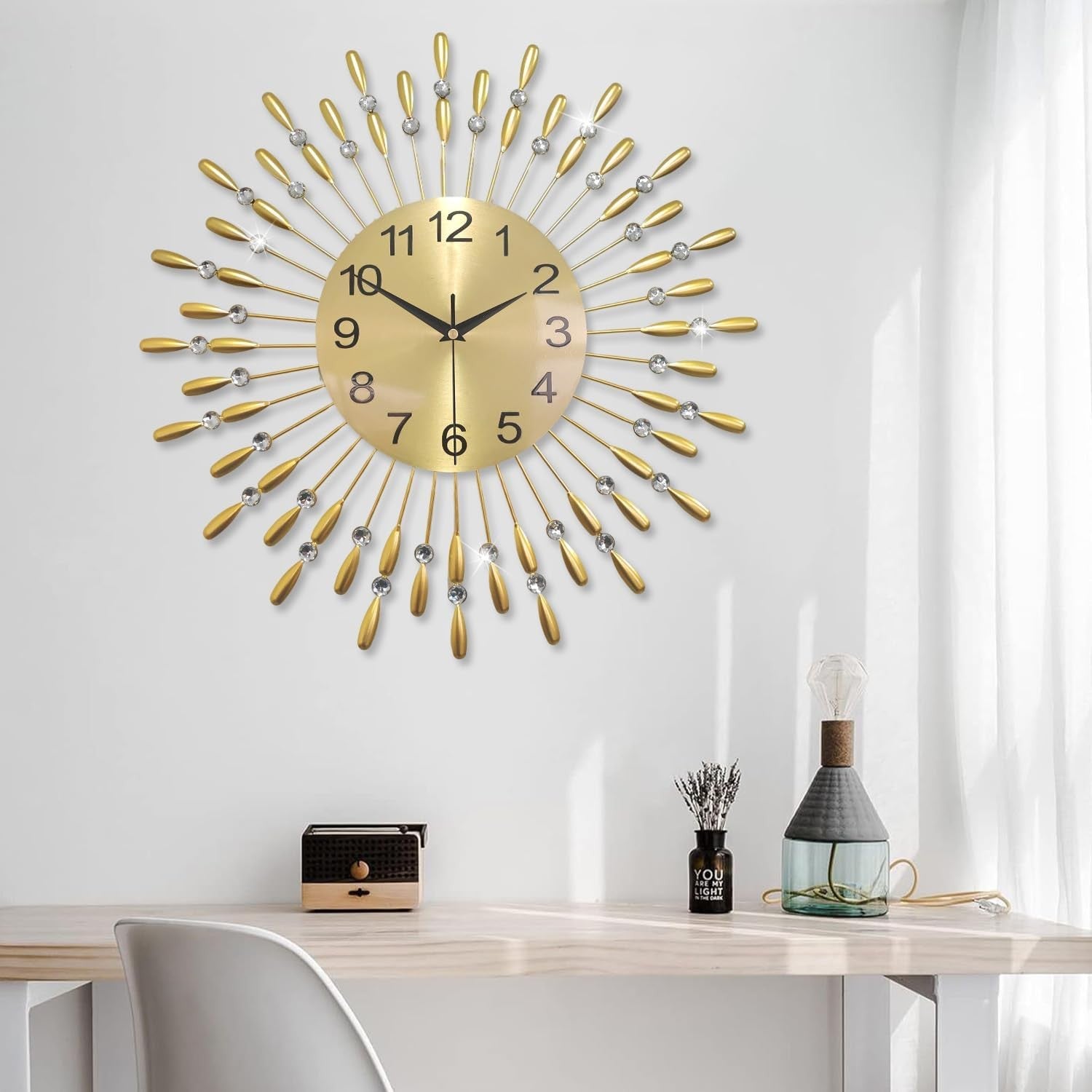 50cm Large Gold Wall Clock – Silent Quartz Modern Sunburst Decorative Design