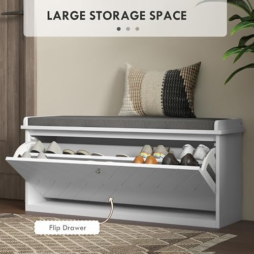 Entryway Shoe Bench with Cushion & Adjustable Shelf for Hallway Storage