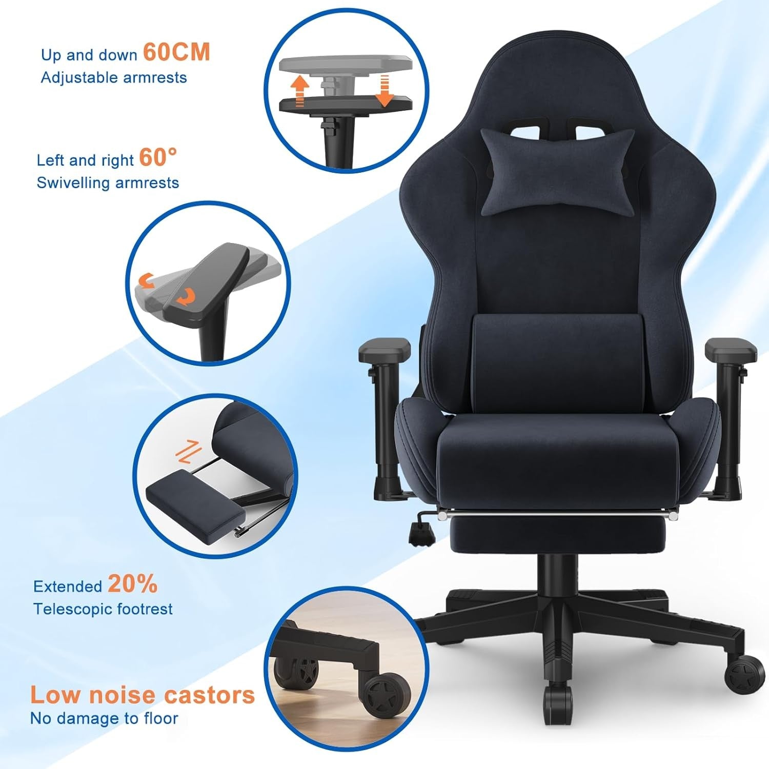 Massage Gaming Chair Reclining Footrest Ergonomic Grey