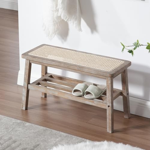Mid Century Rattan Hallway Bench with Storage Rustic Wood Seat 75×30×44cm