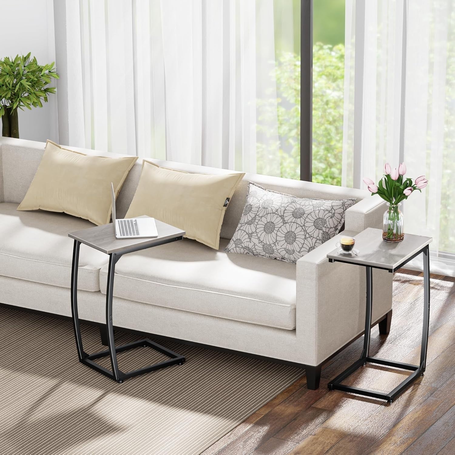 C Shaped Side Table Set of 2 Sofa TV Tray Tables Narrow Couch Snack Desk