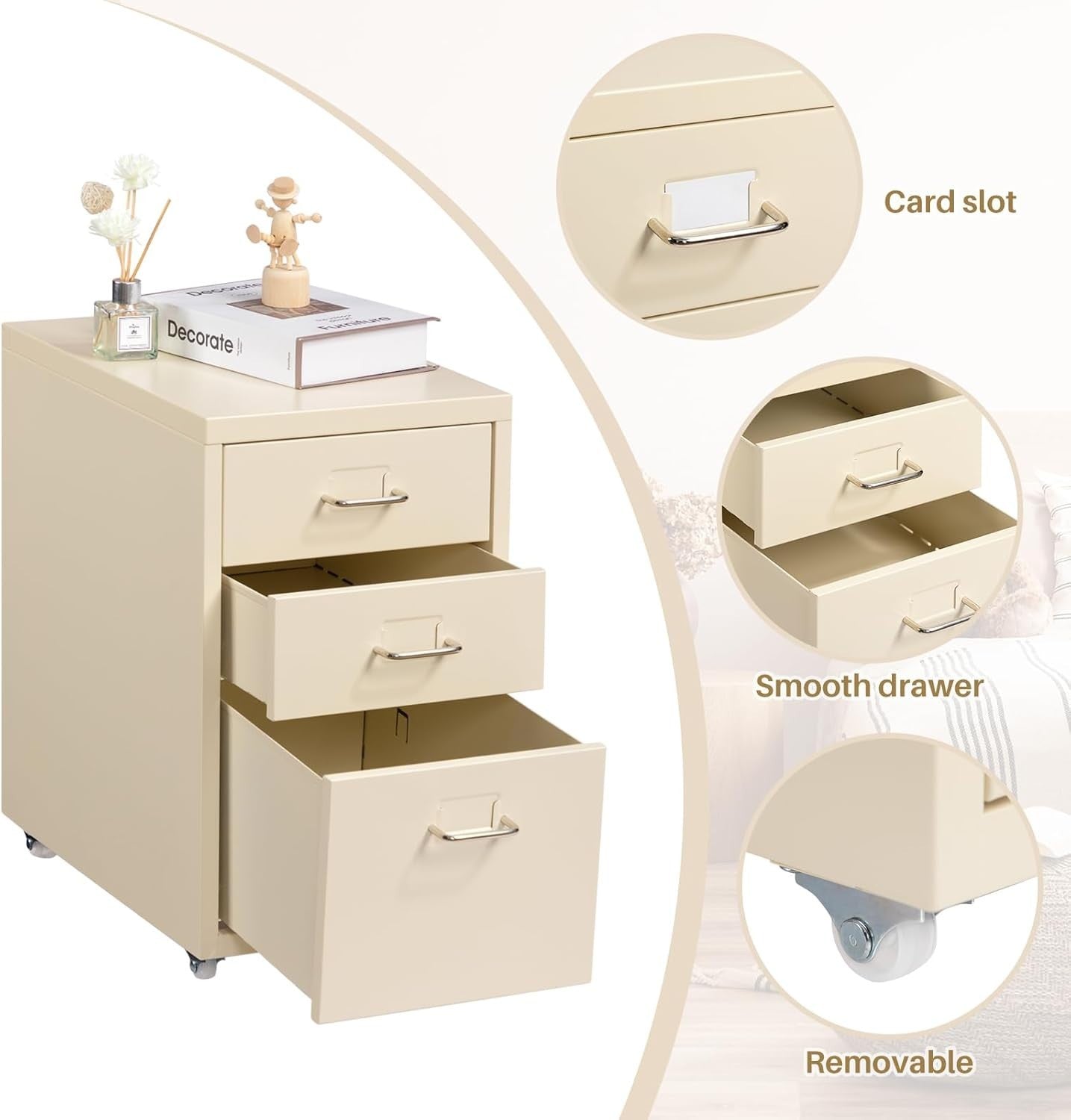 Cream Metal Rolling Drawer Cabinet 3 Tier Under Desk File Storage